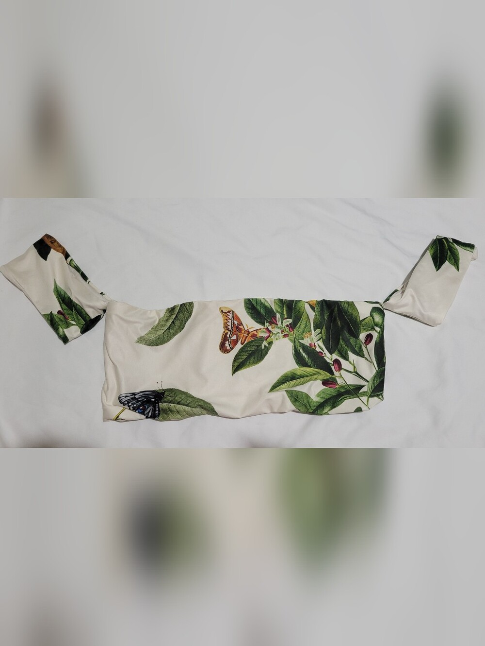 Agua Bendita Cream Bikini Top with Green Leaf & Butterfly Print
